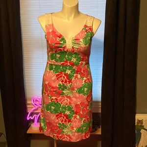 Island Republic preppy look island print pink and green crochet accent dress 10